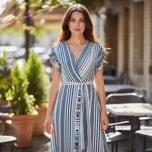 Monteau LA Blue & White Striped Nautical V-Neck Dress M